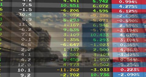 Futuristic Financial Data Overlay with Urban Skyline Backdrop
