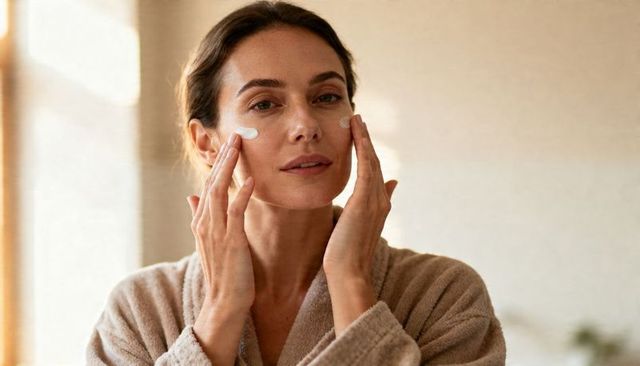 Applying facial moisturizer morning skincare routine woman in bathrobe soft natural light