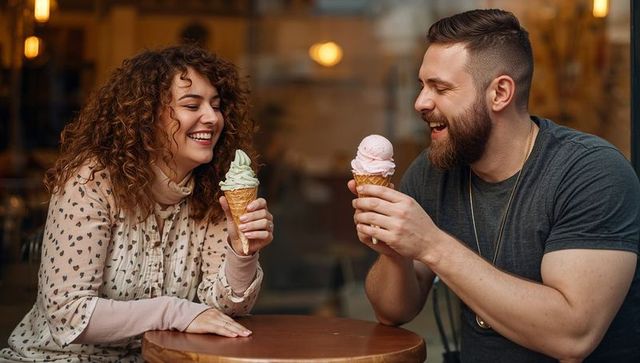 Laughing couple enjoying pastel ice cream cones at cozy coffeehouse date with ambience