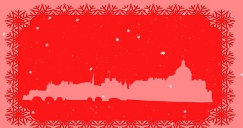 Festive pink city skyline with red snowflake border