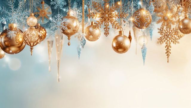 Hanging golden holiday ornaments with crystal icicles and snowflakes on soft gradient