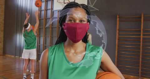 Female Basketball Player with Mask in Gym During Pandemic