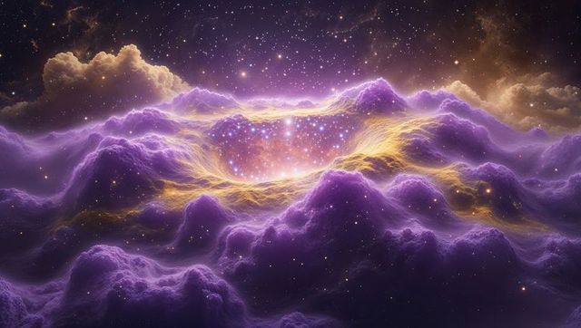 Ethereal Radiating Nebula with Vibrant Purple and Golden Filaments