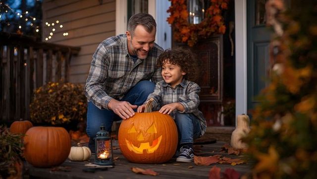 Father and son bonding while carving jack-o'-lantern on porch