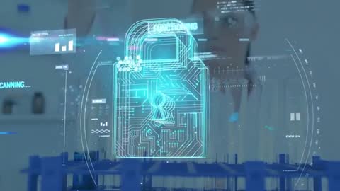 Scientist Studying Digital Security Hologram in Futuristic Laboratory