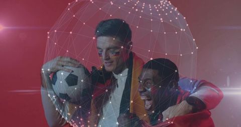 Cheering fans hugging and holding soccer ball inside holographic wireframe sphere