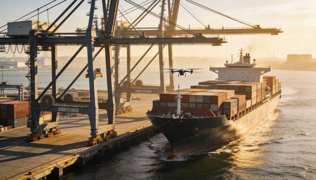 Container ship docking at port with gantry cranes and hovering drone during golden hour