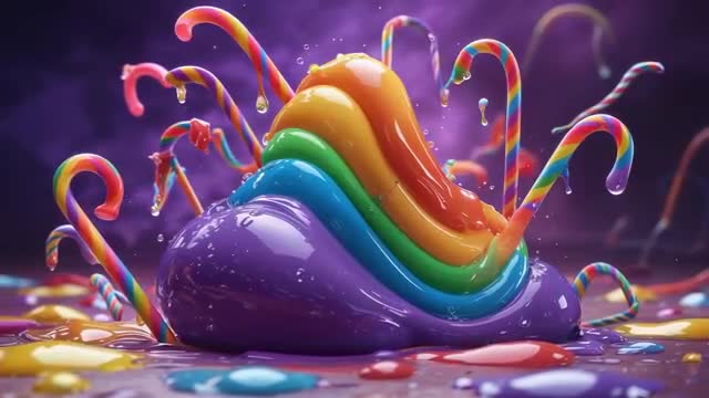 Vibrant Rainbow Candy Splashing on Shiny Purple Swirl