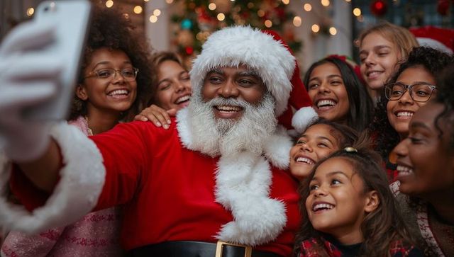 Santa Claus Selfie with Diverse Group of Children by Christmas Tree