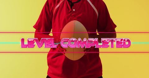 Female Rugby Player Holding Ball with Neon 'Level Completed' Text - Download Free Stock Images Pikwizard.com