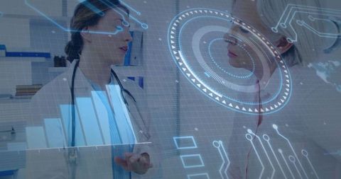 Doctors reviewing holographic medical HUD with data visualization and collaboration