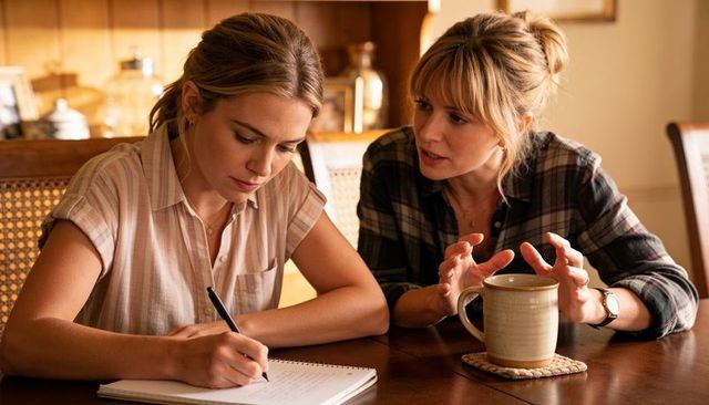 Woman guiding young woman writing notes at cozy dining table, warm home conversation