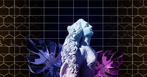 Classical statue and vibrant leaves with digital glitch effect