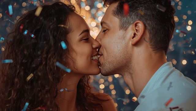 Romantic couple leaning in touching noses at confetti celebration with warm bokeh lights