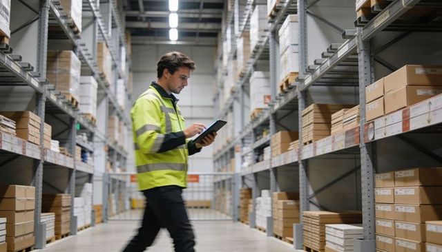 Warehouse technician walking aisle with tablet for inventory management and logistics