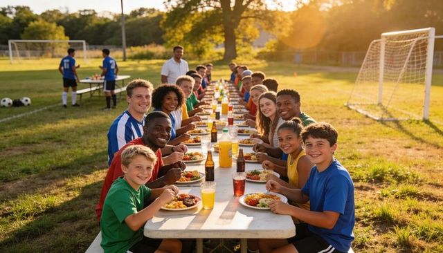 Youth soccer team and families gathering for postgame community picnic on sunlit field