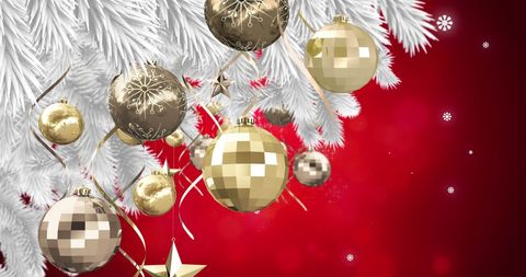 Gold Baubles Hanging from White Christmas Tree Branches on Red Background - Download Free Stock Images Pikwizard.com
