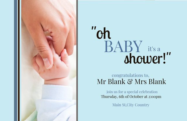 Celebrating new beginnings, a tender image of a baby's hand signifies the joy of parenthood at a baby shower. Ideal for birth announcements or first birthday invitations, this template exudes warmth and innocence.