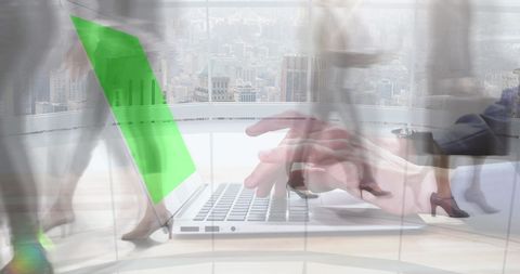 Businesswoman Using Green Screen Laptop with Blurred Commuters - Download Free Stock Images Pikwizard.com