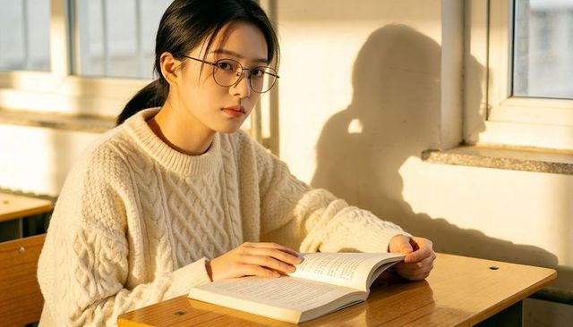 Sunlit student reading at desk in cream cable-knit sweater, wearing glasses and staying focused