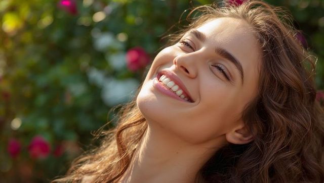 Young woman smiling outdoors with natural smile, sunlight on face and floral bokeh