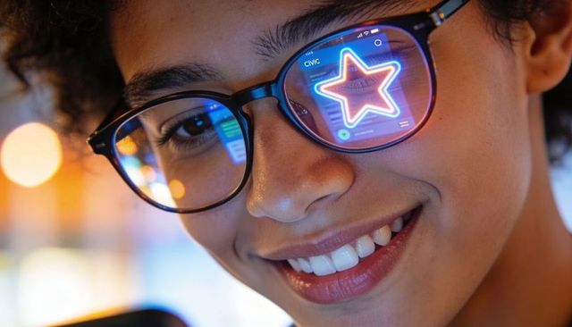 Smiling curly teen wearing glasses showing neon star reflection and smartphone app ui