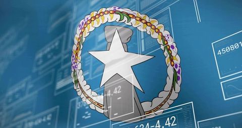 Bold emblem featuring white star on gray pedestal surrounded by colorful floral wreath overlaying translucent technical panels and HUD graphics. Clean composition combining traditional heraldry and high-tech interface, suggesting fusion of ceremony and modern data. Ideal for use in website header, editorial on defense technology, cybersecurity branding, presentation slides, app background, brochure cover, infographic elements, museum exhibit signage. Suitable for military anniversary materials, award ceremony promotion, government identity concept, visualizing honor and innovation. Editable layout allowing addition of headline text or logo over empty blue space.