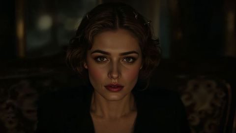 Elegant beautiful lady gazing intently in ornate living room setting