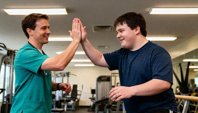 Physical therapist high-fiving teen during balance rehab session in gym with handrail