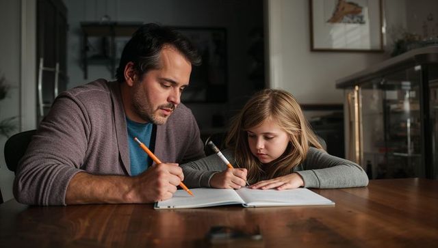 Father guiding daughter through homework at home table, evening studying and learning