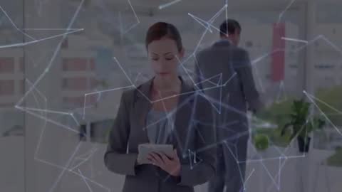 Modern Businesswoman Using Tablet with Digital Network Overlay