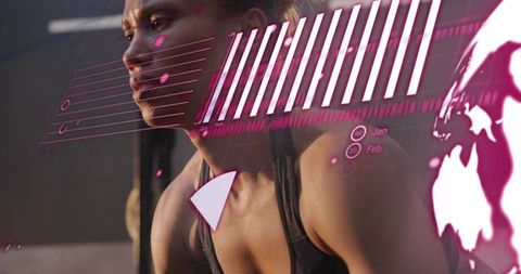 Female athlete training with magenta fitness hud overlays tracking performance on gym rig