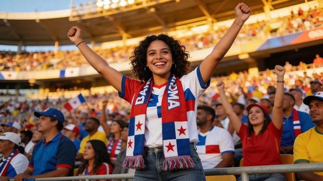 Cheering panamanian football fan raising arms in stadium crowd celebrating goal