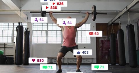 Weightlifter pressing barbell overhead with social media overlays showing fitness engagement