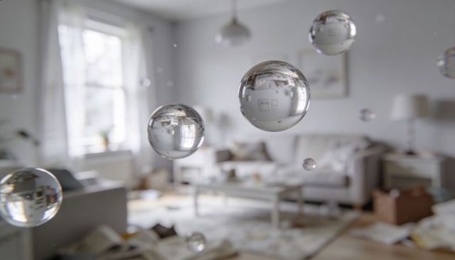Floating glass orbs reflecting modern living room, surreal transparent spheres and refractions
