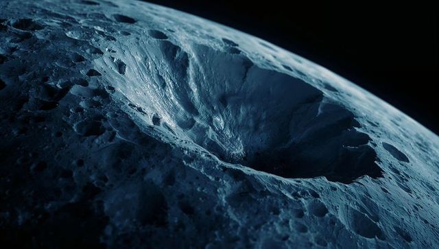 Massive impact crater on moon-like surface under starlit sky