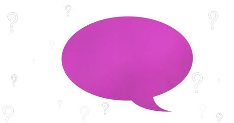 Purple speech bubble with question marks on white background