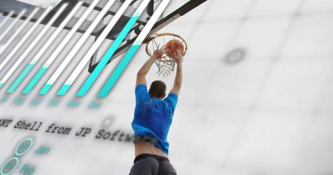 Athlete dunking through hoop with futuristic data overlay and sports performance chart