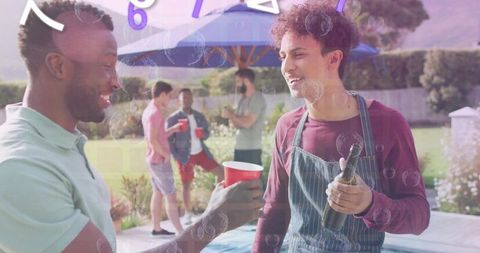 Host serving drinks at backyard pool party with friends grilling, red cups, summer vibes