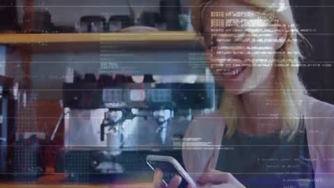 Smiling Woman in Coffee Shop with Digital Code Overlay