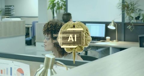 Professional woman at work in open-plan office with tech overlay