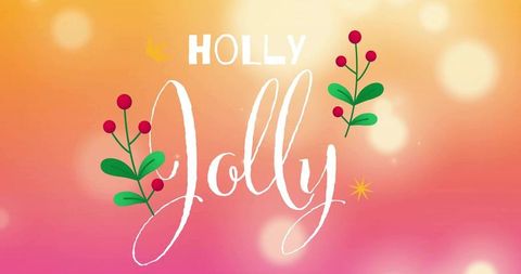 Holly jolly handwritten script greeting on warm orange-pink bokeh gradient background
