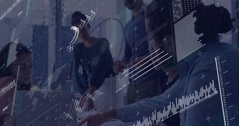 Diverse Business Team Collaborating Over Laptop with Digital Data Visualizations