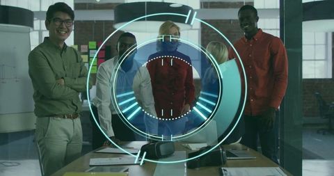 Diverse Team Analyzing Data with Virtual Reality Interface in Office