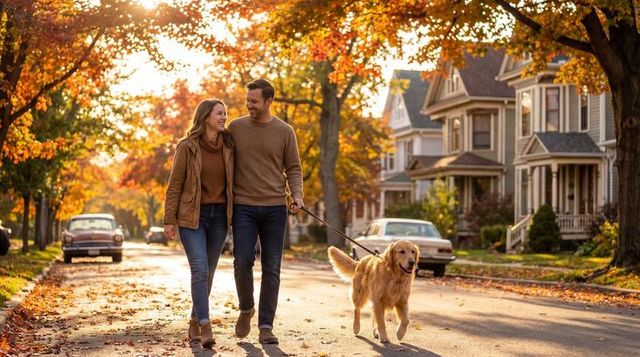 Couple walking golden retriever on sunlit autumn street in charming suburban neighborhood