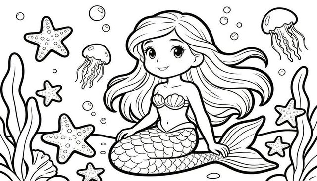 Cute mermaid girl sitting on seabed with seashell top, starfish, jellyfish coloring page