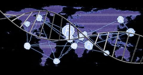Dna double helix weaving through global digital network connecting genomes and data