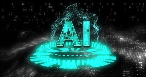 Futuristic AI Hologram Floating in Digital Binary Environment