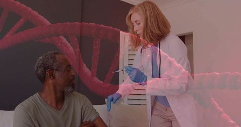 Doctor Administering Vaccine Injection to Patient with DNA Overlay
