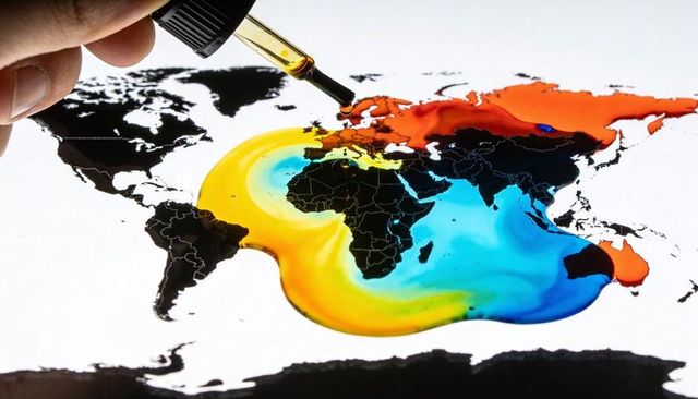 Dropping vivid inks onto world map creating colorful global overlay and fluid art